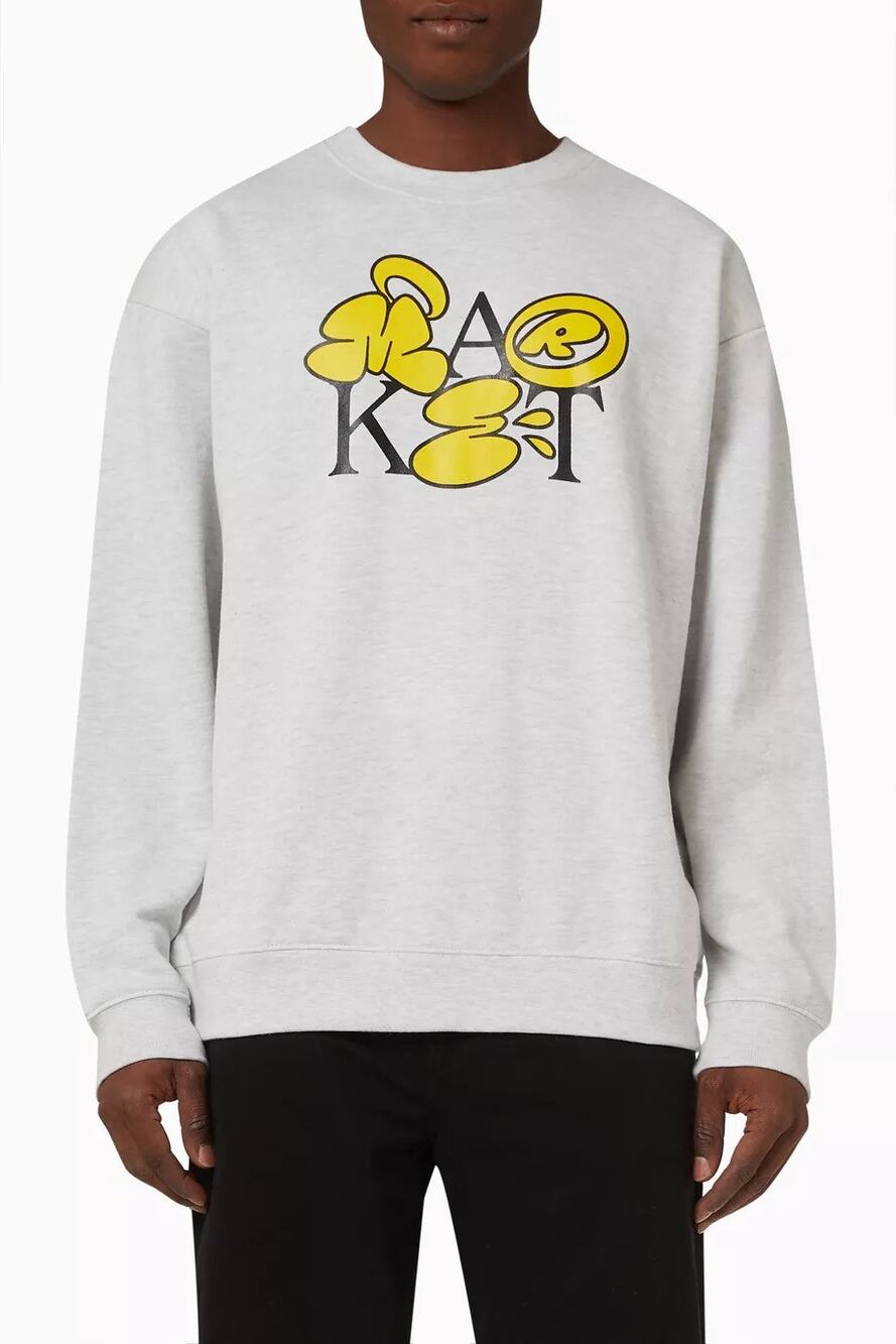 Market Mens Medium Grey Bubble Letter Crew Neck Sweatshirt Streetwear 90s U6-8